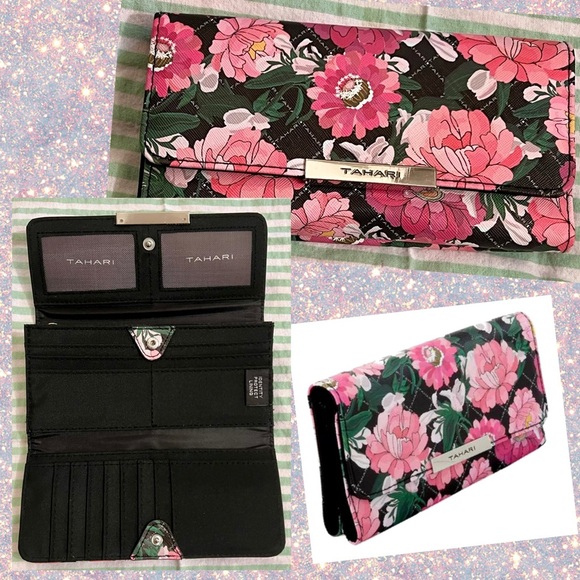 NWOT Tahari Pink Black Floral Peony Wallet - Picture 1 of 1